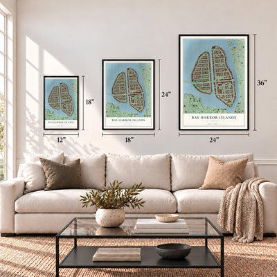 Bay Harbor Islands, Florida map in 12 x 18, 18 x 24 and 24 x 36 inch sizes above a sofa