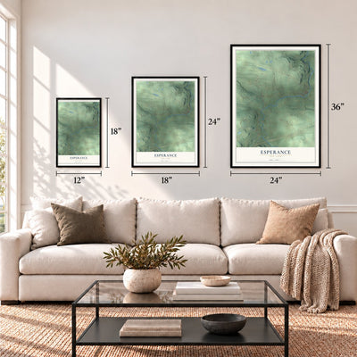 Esperance, New York map in 12 x 18, 18 x 24 and 24 x 36 inch sizes above a sofa