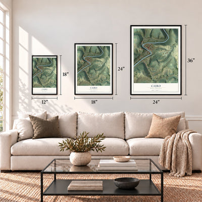 Cairo, West Virginia map in 12 x 18, 18 x 24 and 24 x 36 inch sizes above a sofa