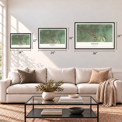 Throop, Pennsylvania map in 12 x 18, 18 x 24 and 24 x 36 inch sizes above a sofa