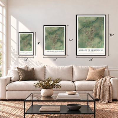 Luxemburg, Wisconsin map in 12 x 18, 18 x 24 and 24 x 36 inch sizes above a sofa