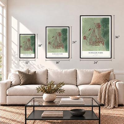 Schiller Park, Illinois map in 12 x 18, 18 x 24 and 24 x 36 inch sizes above a sofa