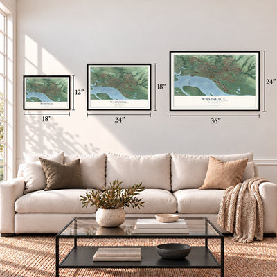 Washougal, Washington map in 12 x 18, 18 x 24 and 24 x 36 inch sizes above a sofa