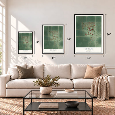 Bricelyn, Minnesota map in 12 x 18, 18 x 24 and 24 x 36 inch sizes above a sofa