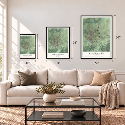 Siloam Springs, Arkansas map in 12 x 18, 18 x 24 and 24 x 36 inch sizes above a sofa