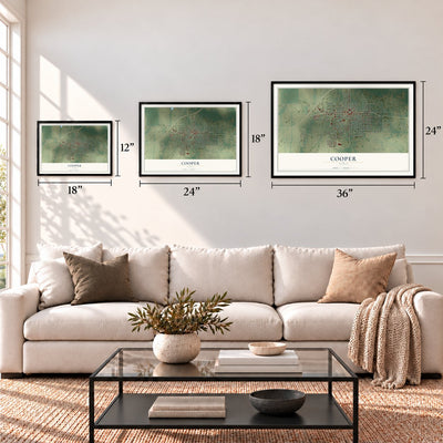 Cooper, Texas map in 12 x 18, 18 x 24 and 24 x 36 inch sizes above a sofa