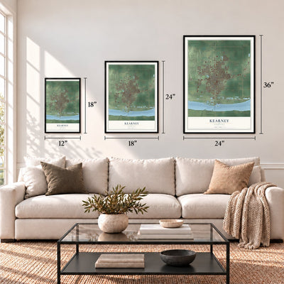 Kearney, Nebraska map in 12 x 18, 18 x 24 and 24 x 36 inch sizes above a sofa