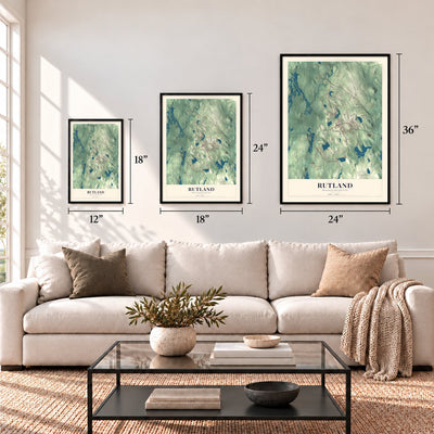 Rutland, Massachusetts map in 12 x 18, 18 x 24 and 24 x 36 inch sizes above a sofa