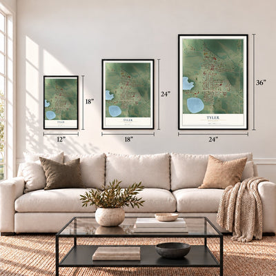 Tyler, Minnesota map in 12 x 18, 18 x 24 and 24 x 36 inch sizes above a sofa