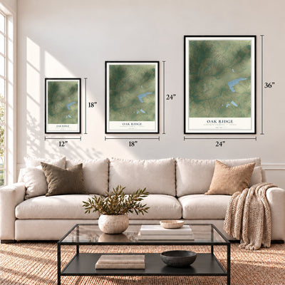 Oak Ridge, Kaufman County, Texas map in 12 x 18, 18 x 24 and 24 x 36 inch sizes above a sofa