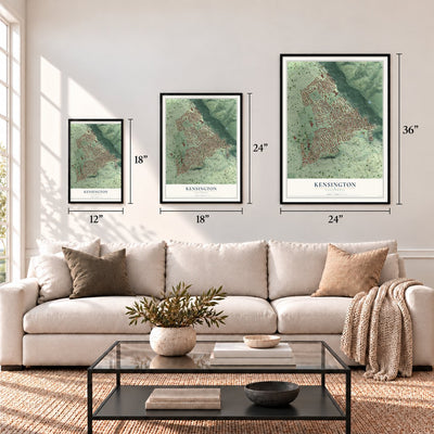 Kensington, California map in 12 x 18, 18 x 24 and 24 x 36 inch sizes above a sofa