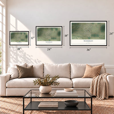 Woodruff, Utah map in 12 x 18, 18 x 24 and 24 x 36 inch sizes above a sofa