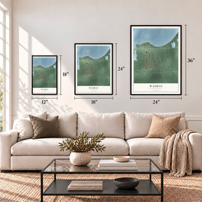 Waubay, South Dakota map in 12 x 18, 18 x 24 and 24 x 36 inch sizes above a sofa