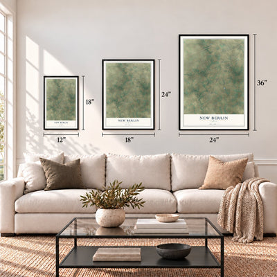 New Berlin, Texas map in 12 x 18, 18 x 24 and 24 x 36 inch sizes above a sofa