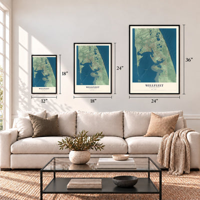 Wellfleet, Massachusetts map in 12 x 18, 18 x 24 and 24 x 36 inch sizes above a sofa