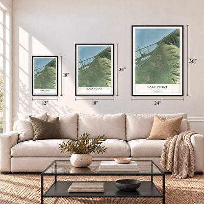 Lake Point, Utah map in 12 x 18, 18 x 24 and 24 x 36 inch sizes above a sofa