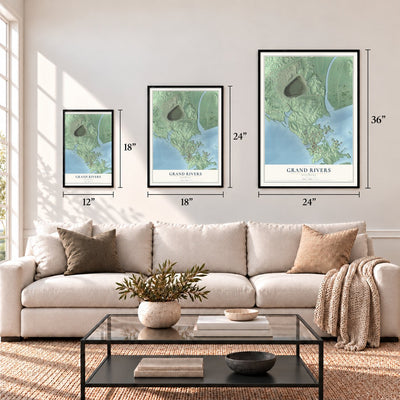 Grand Rivers, Kentucky map in 12 x 18, 18 x 24 and 24 x 36 inch sizes above a sofa