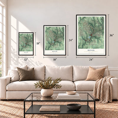 Butler, Butler County, Pennsylvania map in 12 x 18, 18 x 24 and 24 x 36 inch sizes above a sofa