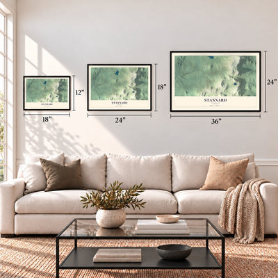 Stannard, Vermont map in 12 x 18, 18 x 24 and 24 x 36 inch sizes above a sofa