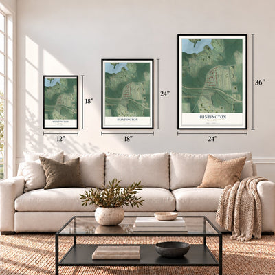 Huntington, Georgia map in 12 x 18, 18 x 24 and 24 x 36 inch sizes above a sofa