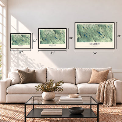 Monterey, Massachusetts map in 12 x 18, 18 x 24 and 24 x 36 inch sizes above a sofa