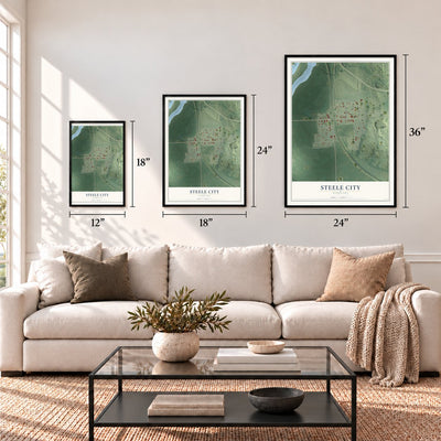 Steele City, Nebraska map in 12 x 18, 18 x 24 and 24 x 36 inch sizes above a sofa