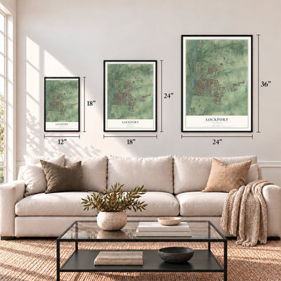 Lockport, Illinois map in 12 x 18, 18 x 24 and 24 x 36 inch sizes above a sofa