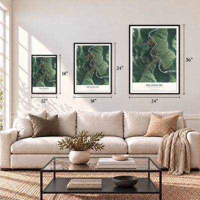 Bradshaw, West Virginia map in 12 x 18, 18 x 24 and 24 x 36 inch sizes above a sofa