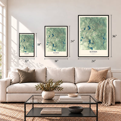 Sutton, Massachusetts map in 12 x 18, 18 x 24 and 24 x 36 inch sizes above a sofa