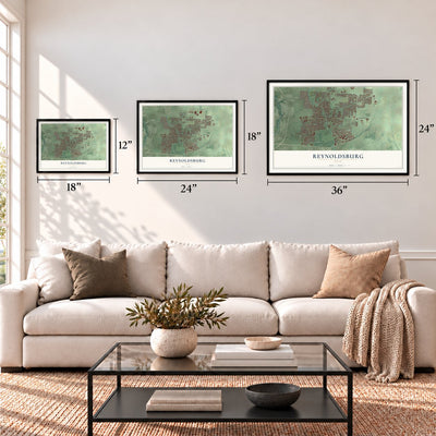Reynoldsburg, Ohio map in 12 x 18, 18 x 24 and 24 x 36 inch sizes above a sofa