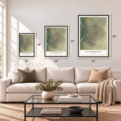 Rio Communities, New Mexico map in 12 x 18, 18 x 24 and 24 x 36 inch sizes above a sofa