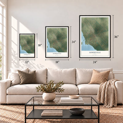Somerville, Texas map in 12 x 18, 18 x 24 and 24 x 36 inch sizes above a sofa