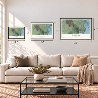 Pasadena, Texas map in 12 x 18, 18 x 24 and 24 x 36 inch sizes above a sofa