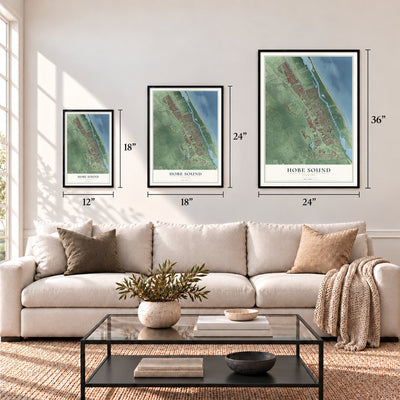 Hobe Sound, Florida map in 12 x 18, 18 x 24 and 24 x 36 inch sizes above a sofa