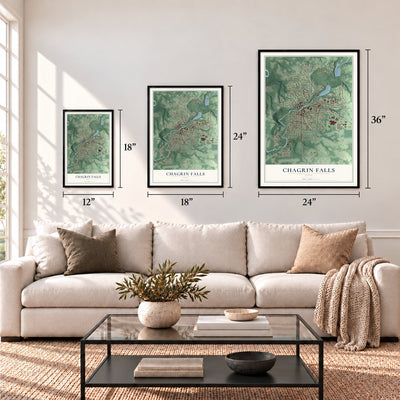Chagrin Falls, Ohio map in 12 x 18, 18 x 24 and 24 x 36 inch sizes above a sofa