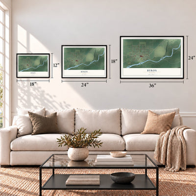 Byron, Wyoming map in 12 x 18, 18 x 24 and 24 x 36 inch sizes above a sofa
