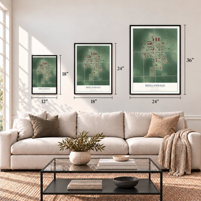 Hollandale, Minnesota map in 12 x 18, 18 x 24 and 24 x 36 inch sizes above a sofa
