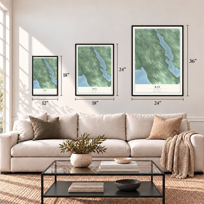 Bay, Michigan map in 12 x 18, 18 x 24 and 24 x 36 inch sizes above a sofa