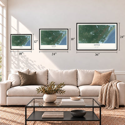 Upper, New Jersey map in 12 x 18, 18 x 24 and 24 x 36 inch sizes above a sofa