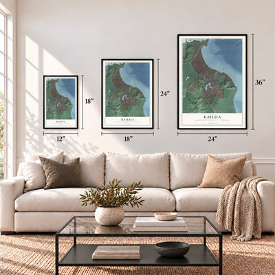 Kailua, Honolulu County, Hawaii map in 12 x 18, 18 x 24 and 24 x 36 inch sizes above a sofa