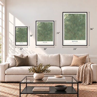 Butler, Adams County, Pennsylvania map in 12 x 18, 18 x 24 and 24 x 36 inch sizes above a sofa