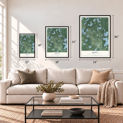 Scott, Burnett County, Wisconsin map in 12 x 18, 18 x 24 and 24 x 36 inch sizes above a sofa