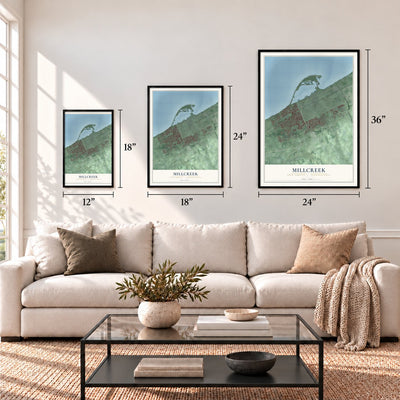 Millcreek, Erie County, Pennsylvania map in 12 x 18, 18 x 24 and 24 x 36 inch sizes above a sofa