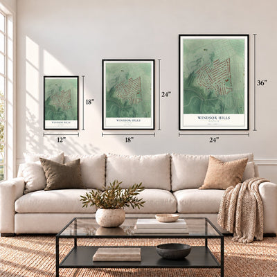 Windsor Hills, Maryland map in 12 x 18, 18 x 24 and 24 x 36 inch sizes above a sofa