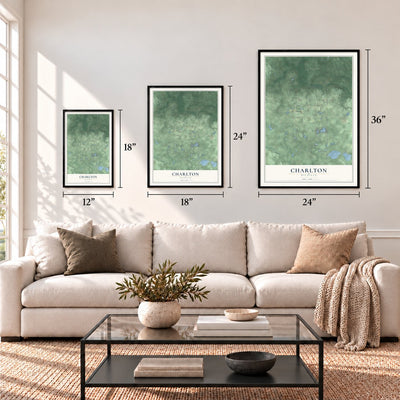 Charlton, Michigan map in 12 x 18, 18 x 24 and 24 x 36 inch sizes above a sofa