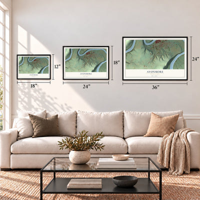 Avonmore, Pennsylvania map in 12 x 18, 18 x 24 and 24 x 36 inch sizes above a sofa