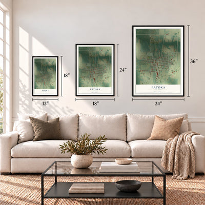 Patoka, Illinois map in 12 x 18, 18 x 24 and 24 x 36 inch sizes above a sofa