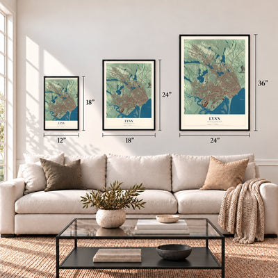 Lynn, Massachusetts map in 12 x 18, 18 x 24 and 24 x 36 inch sizes above a sofa