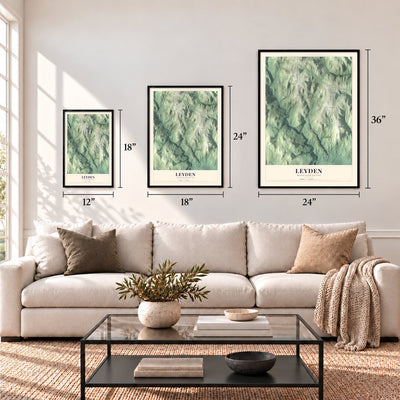Leyden, Massachusetts map in 12 x 18, 18 x 24 and 24 x 36 inch sizes above a sofa