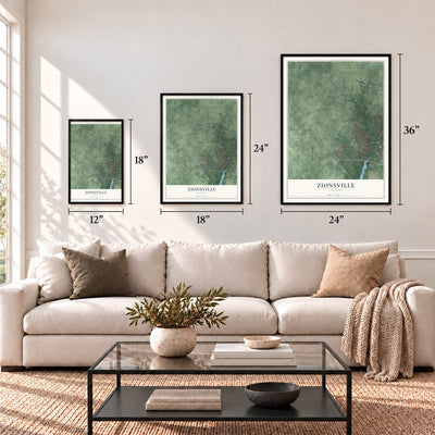 Zionsville, Indiana map in 12 x 18, 18 x 24 and 24 x 36 inch sizes above a sofa